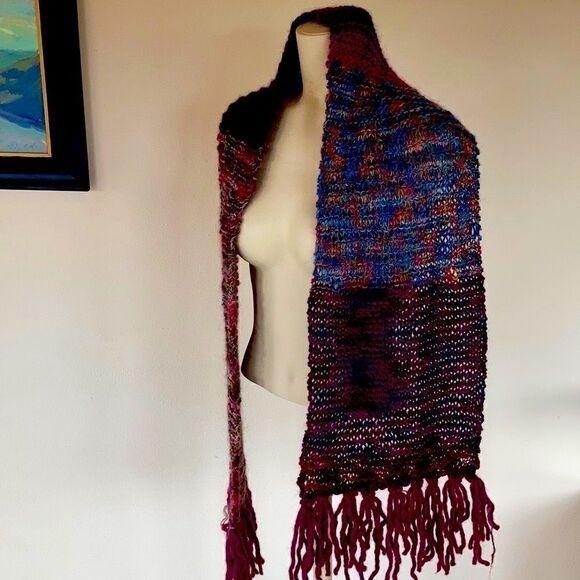 HAND CRAFTED Luxury yarn chunky knit scarf multi color wool plum orange fringe - Picture 3 of 16